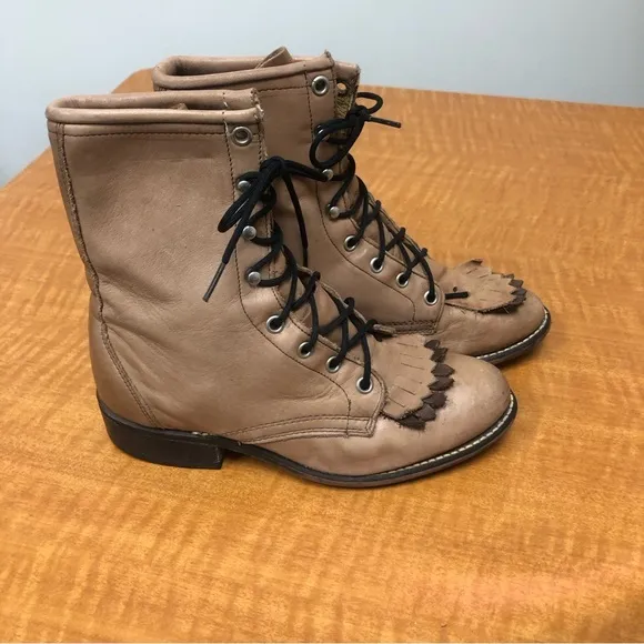 Laredo Western Packer Boots Mid Calf Lace Up Fringe Leather Tan vintage