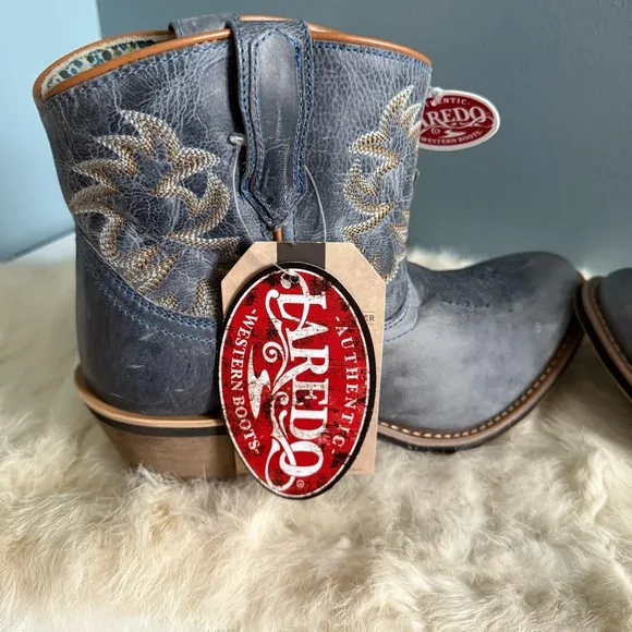 Laredo Women’s Navy Embroidered Round Toe Mid Calf Leather Western Boots
