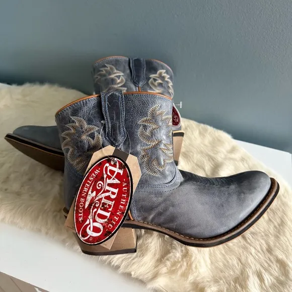 Laredo Women’s Navy Embroidered Round Toe Mid Calf Leather Western Boots
