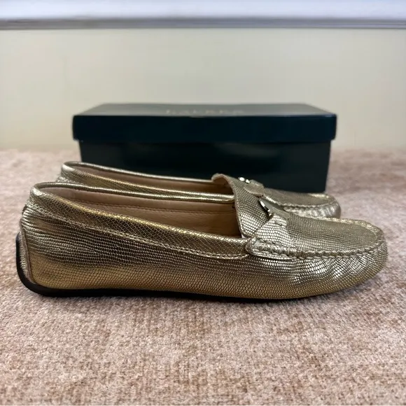 Lauren Ralph Lauren Carley Leather Gold /Lizard Driving Loafers Women’s Size 7