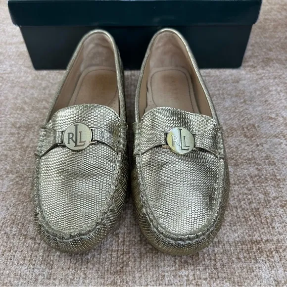 Lauren Ralph Lauren Carley Leather Gold /Lizard Driving Loafers Women’s Size 7