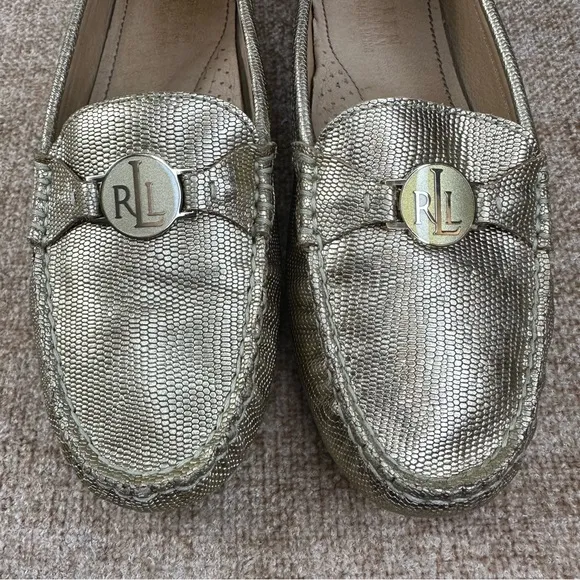 Lauren Ralph Lauren Carley Leather Gold /Lizard Driving Loafers Women’s Size 7