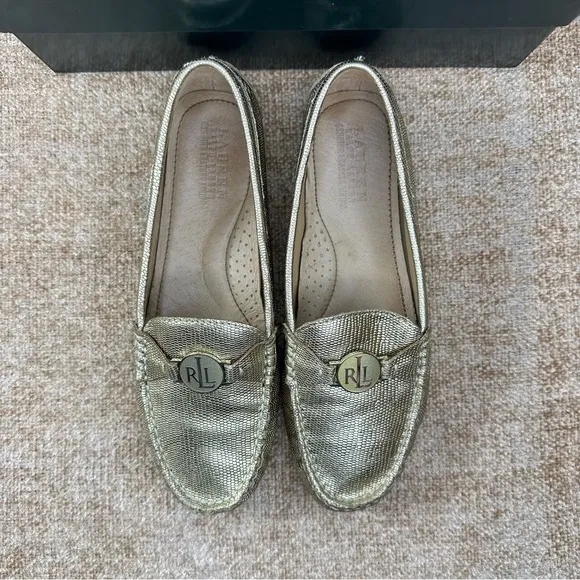 Lauren Ralph Lauren Carley Leather Gold /Lizard Driving Loafers Women’s Size 7
