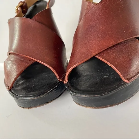 L’autre Chose Brown Leather Criss-Cross Sandle High Heel Clog Platform 7.5