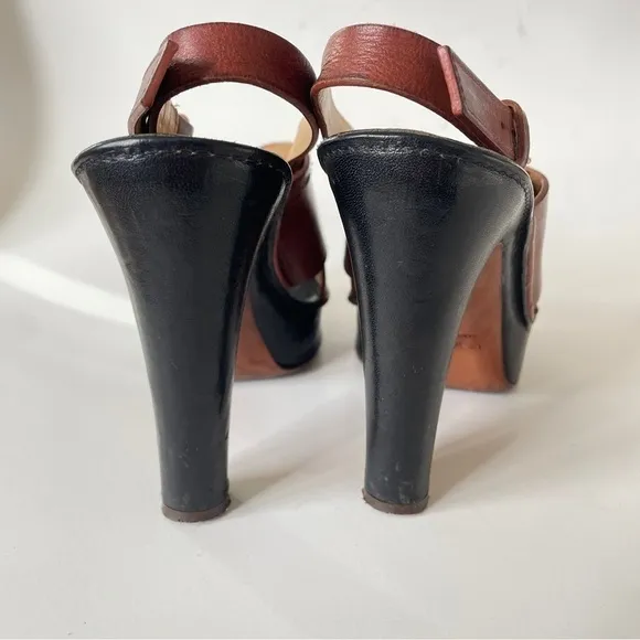 L’autre Chose Brown Leather Criss-Cross Sandle High Heel Clog Platform 7.5