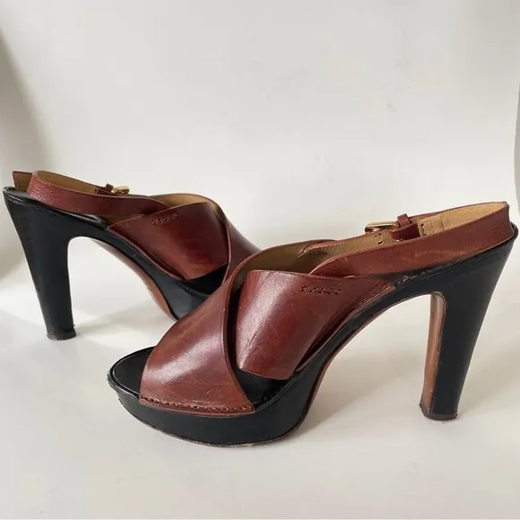 L’autre Chose Brown Leather Criss-Cross Sandle High Heel Clog Platform 7.5