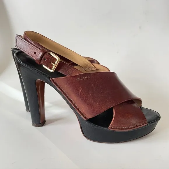 L’autre Chose Brown Leather Criss-Cross Sandle High Heel Clog Platform 7.5