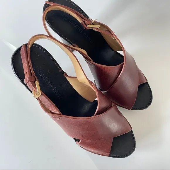 L’autre Chose Brown Leather Criss-Cross Sandle High Heel Clog Platform 7.5