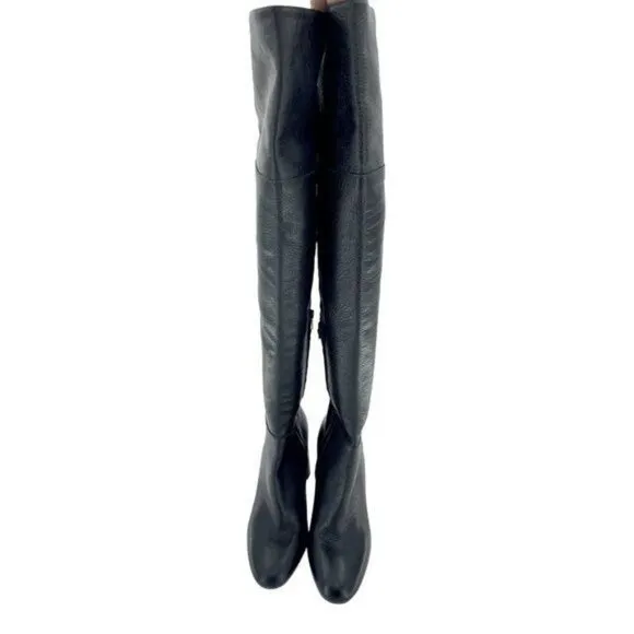 LEWIT Renata Black Leather Over the Knee Boots Block Heel 37.5 EU $395 NEW