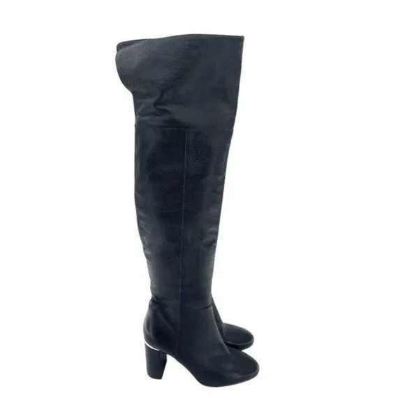 LEWIT Renata Black Leather Over the Knee Boots Block Heel 37.5 EU $395 NEW