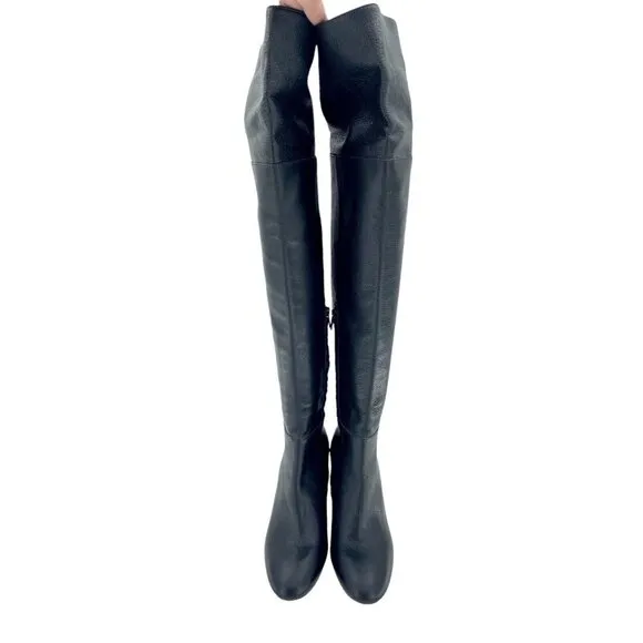 LEWIT Renata Black Leather Over the Knee Boots Block Heel 37.5 EU $395 NEW