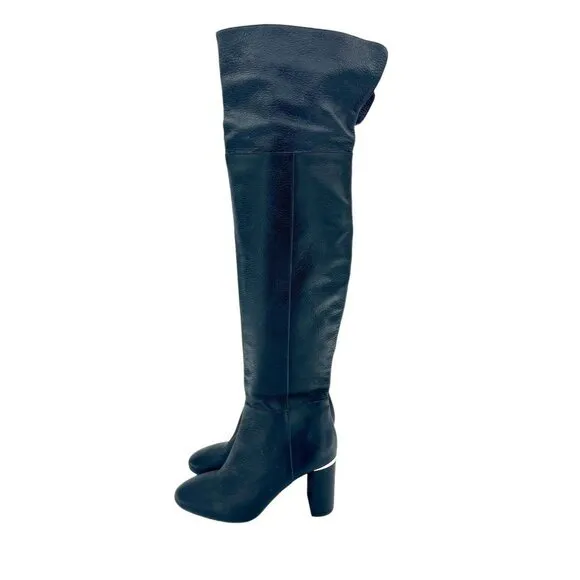 LEWIT Renata Black Leather Over the Knee Boots Block Heel 37.5 EU $395 NEW