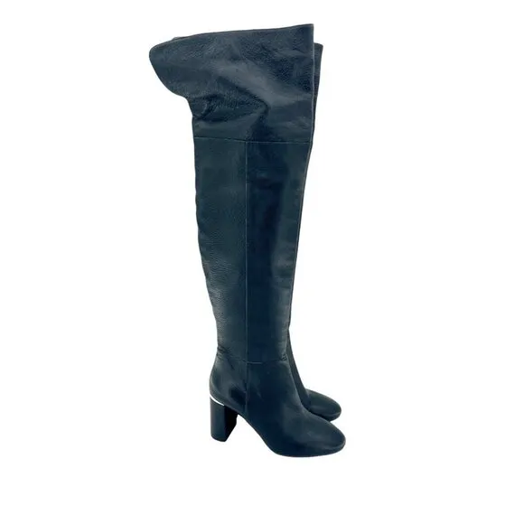 LEWIT Renata Black Leather Over the Knee Boots Block Heel 37.5 EU $395 NEW