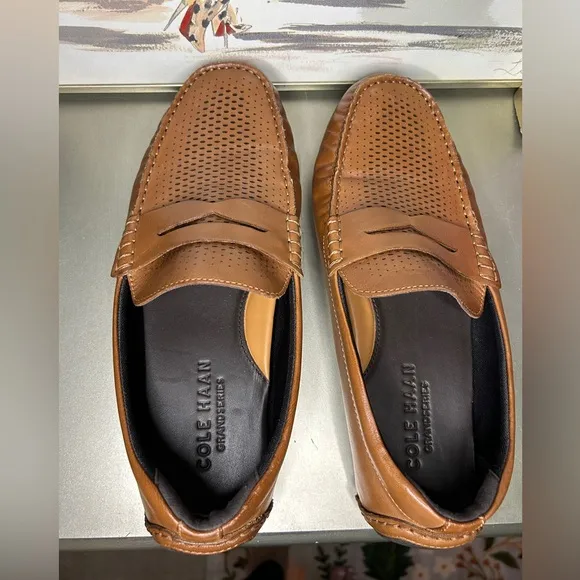 Like New! COLE HAAN Grand Laser Penny Driver Loafers 8.5W Browm Leather