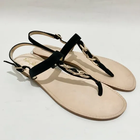 Lilly Pulitzer Largo T-Strap Sandal Onyx Suede Leather Ankle Strap Flat Sandal 8