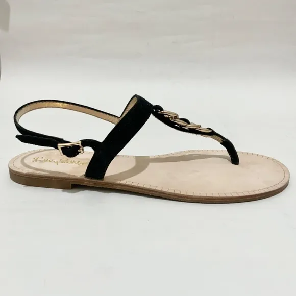 Lilly Pulitzer Largo T-Strap Sandal Onyx Suede Leather Ankle Strap Flat Sandal 8