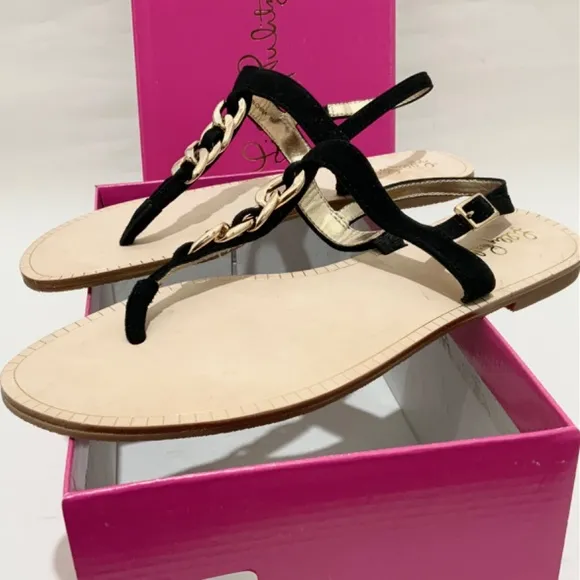 Lilly Pulitzer Largo T-Strap Sandal Onyx Suede Leather Ankle Strap Flat Sandal 8