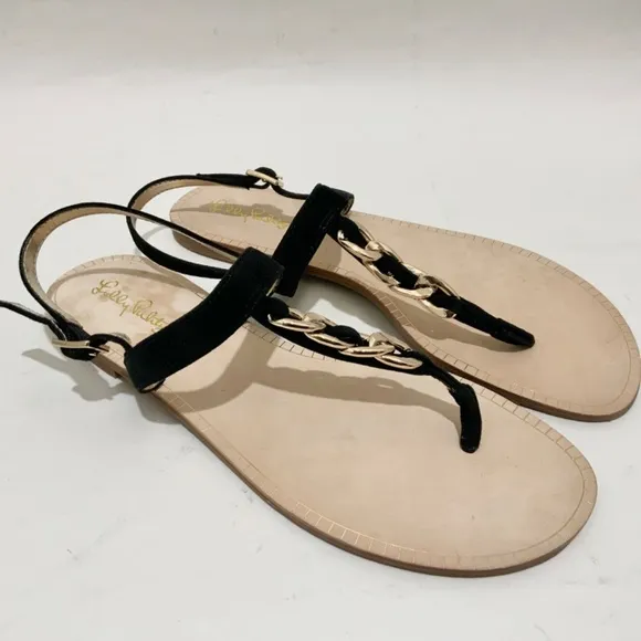 Lilly Pulitzer Largo T-Strap Sandal Onyx Suede Leather Ankle Strap Flat Sandal 8