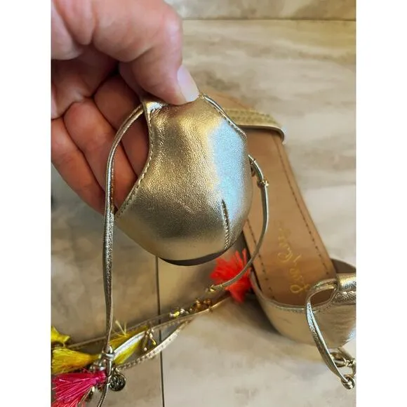 Lilly Pulitzer Willa Womens Flats Sandals Gold Metallic Size 8 Tassels Strappy