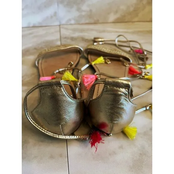 Lilly Pulitzer Willa Womens Flats Sandals Gold Metallic Size 8 Tassels Strappy