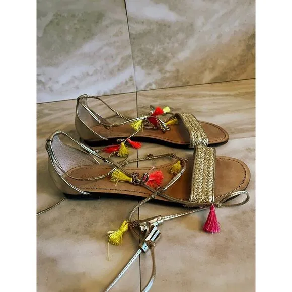 Lilly Pulitzer Willa Womens Flats Sandals Gold Metallic Size 8 Tassels Strappy