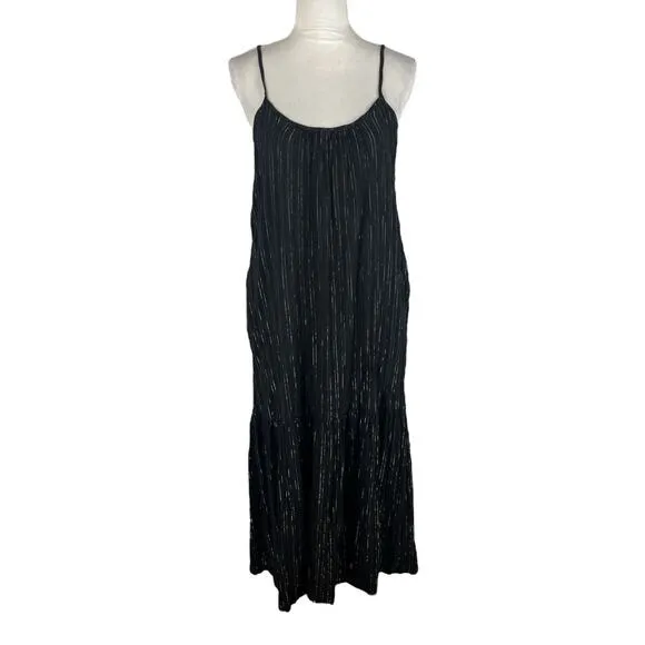 Lindsay Robinson Black Gold Lurex Valley Midi Dress Pocket Scoop Back Size Small