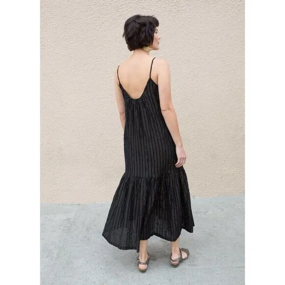 Lindsay Robinson Black Gold Lurex Valley Midi Dress Pocket Scoop Back Size Small