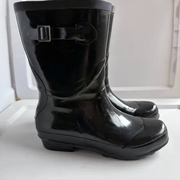 LL BEAN Black Wellie Rain Boots Mid Calf Womens 9 Wellyboots Rubber Waterproof