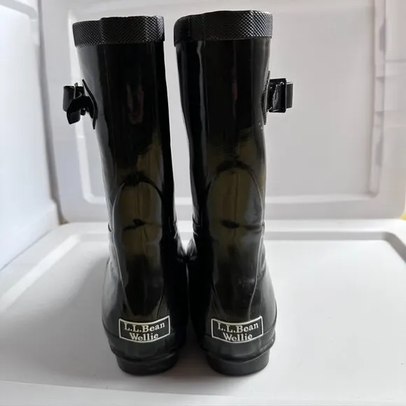 LL BEAN Black Wellie Rain Boots Mid Calf Womens 9 Wellyboots Rubber Waterproof