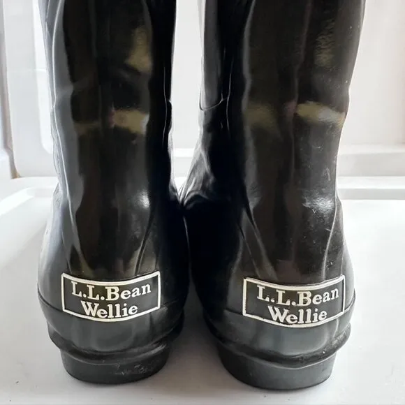 LL BEAN Black Wellie Rain Boots Mid Calf Womens 9 Wellyboots Rubber Waterproof
