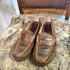 L.L. Bean Brown Allagash Bison Handsewn Leather &amp; Suede Penny Loafers, Size 9.5