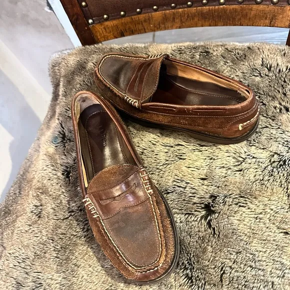 L.L. Bean Brown Allagash Bison Handsewn Leather &amp; Suede Penny Loafers, Size 9.5