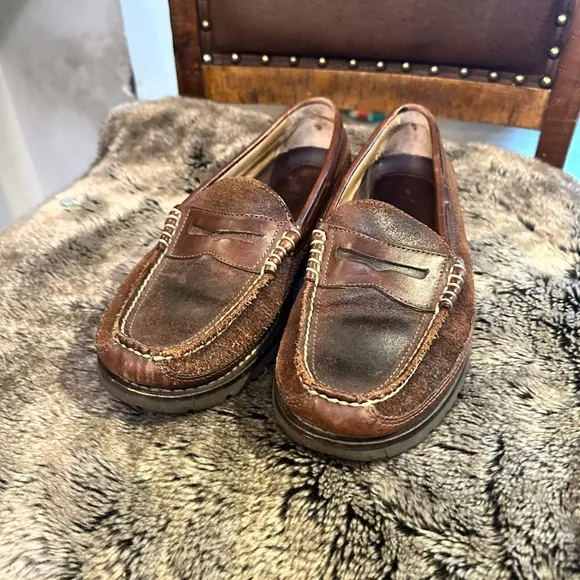 L.L. Bean Brown Allagash Bison Handsewn Leather &amp; Suede Penny Loafers, Size 9.5