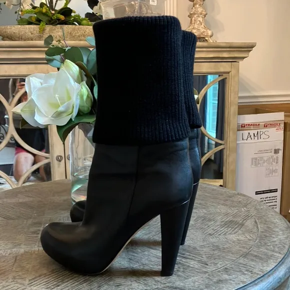 Loeffler Randall Wendy Black Leather Convertible Knit Sock Heeled Boots