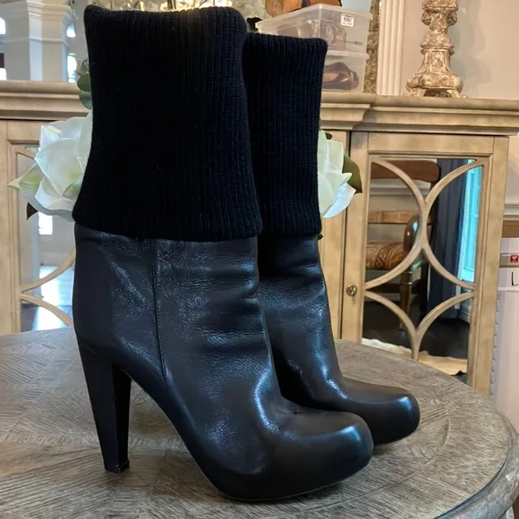 Loeffler Randall Wendy Black Leather Convertible Knit Sock Heeled Boots