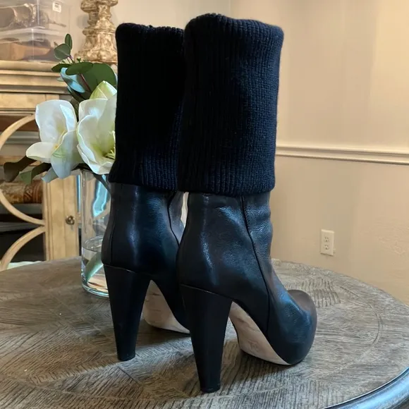 Loeffler Randall Wendy Black Leather Convertible Knit Sock Heeled Boots