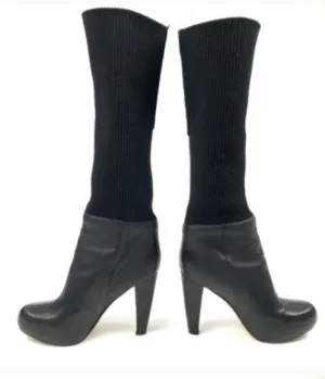Loeffler Randall Wendy Leather Mid-Calf Tall Boots Black  knitted 7 B ITALY