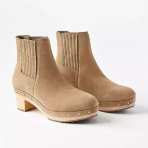 LOFT Beige Suede Leather Wooden Clog Chelsea Boots Sz.8 NWOB