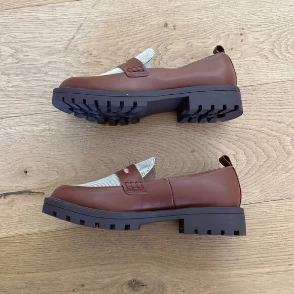 LOFT - Canvas Lug Sole Penny Loafers in Brown &amp; Off White