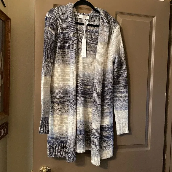 Lovestitch Space Dyed Striped Chunky Knit Open Cardigan Sweater with Hood NWT