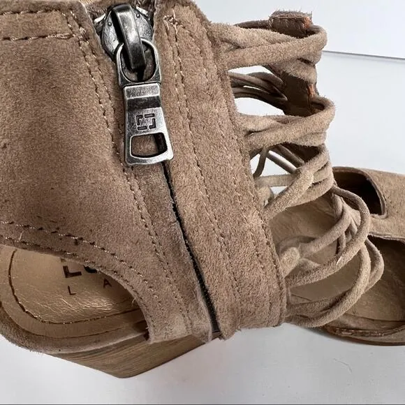 Lucca Lane Amber beige suede leather cage open toe stacked heel sandals