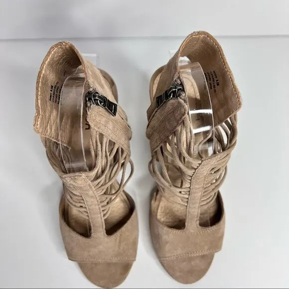 Lucca Lane Amber beige suede leather cage open toe stacked heel sandals