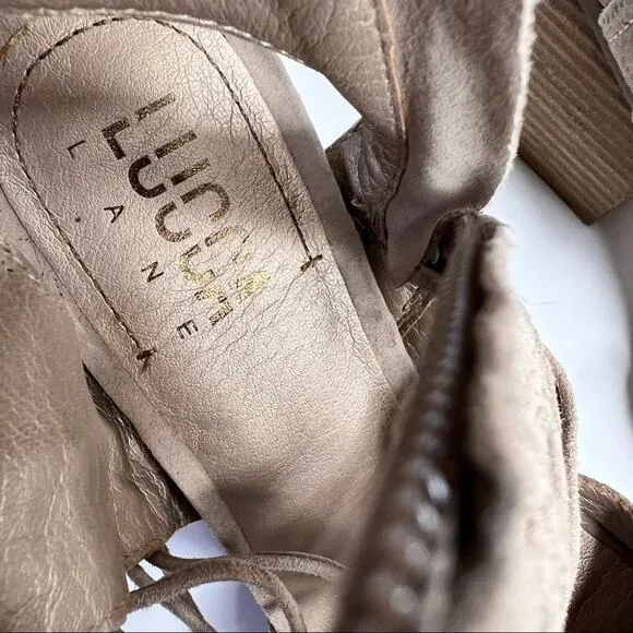 Lucca Lane Amber beige suede leather cage open toe stacked heel sandals