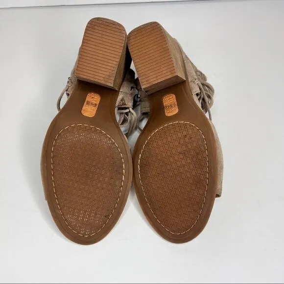 Lucca Lane Amber beige suede leather cage open toe stacked heel sandals