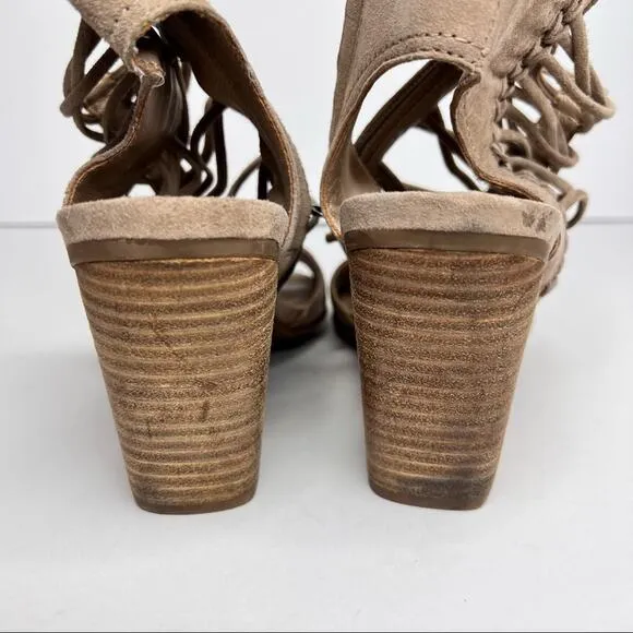 Lucca Lane Amber beige suede leather cage open toe stacked heel sandals