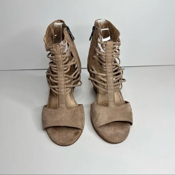 Lucca Lane Amber beige suede leather cage open toe stacked heel sandals