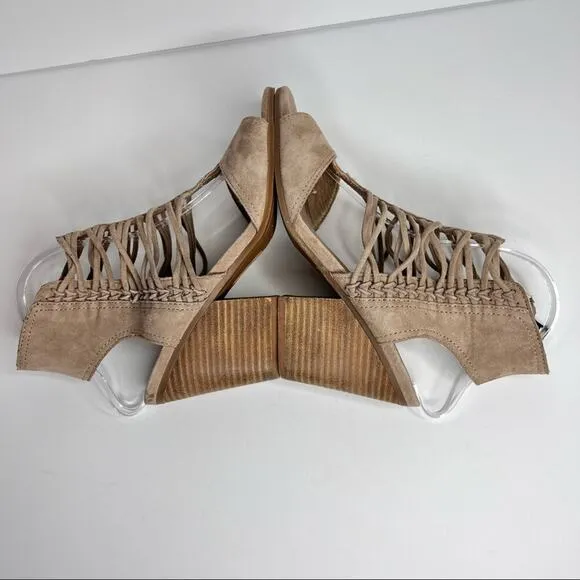 Lucca Lane Amber beige suede leather cage open toe stacked heel sandals