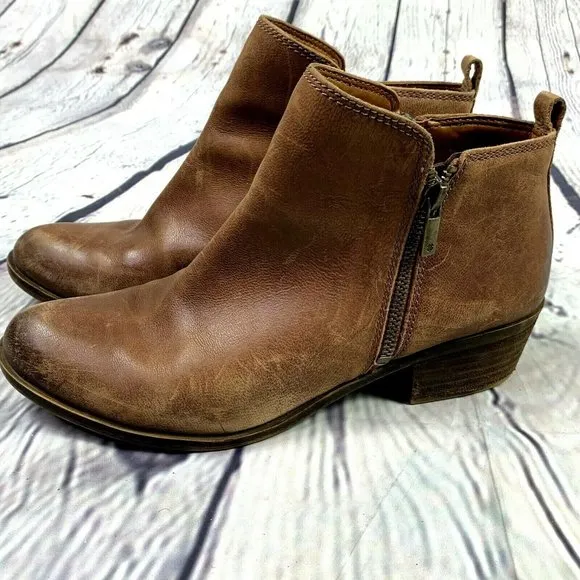 Lucky Brand Basel Boots Ankle Booties size 8.5 Leather Zip Brown Chunky Heel