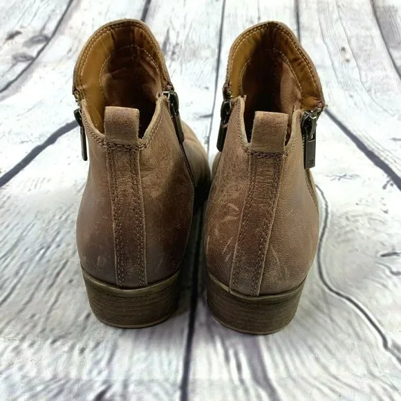 Lucky Brand Basel Boots Ankle Booties size 8.5 Leather Zip Brown Chunky Heel