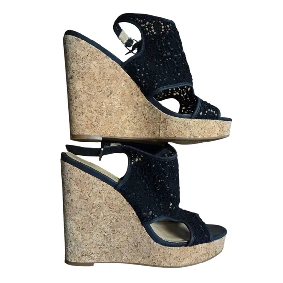 Lucky Brand Black Wedge Sandals with Cork Heel Size 10